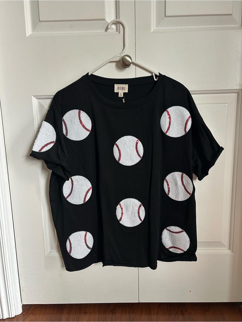 BiBi Black Short-Sleeve Tee with sequin Baseballs